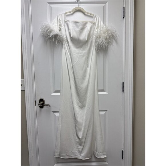 MAC DUGGAL Size 6 White 11441 Feather Off The Shoulder Gown Dress Wedding Bride - Picture 4 of 12